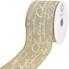 Christmas Cursive Script Faux Linen Wired Ribbon, 10-yard