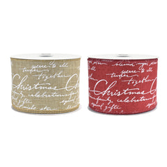 Christmas Cursive Script Faux Linen Wired Ribbon, 10-yard