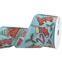 Classic Christmas Printed Symbols Wired Ribbon, 10-yard
