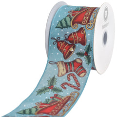 Classic Christmas Printed Symbols Wired Ribbon, 10-yard