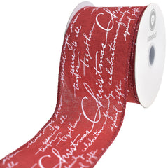 Christmas Cursive Script Faux Linen Wired Ribbon, 10-yard