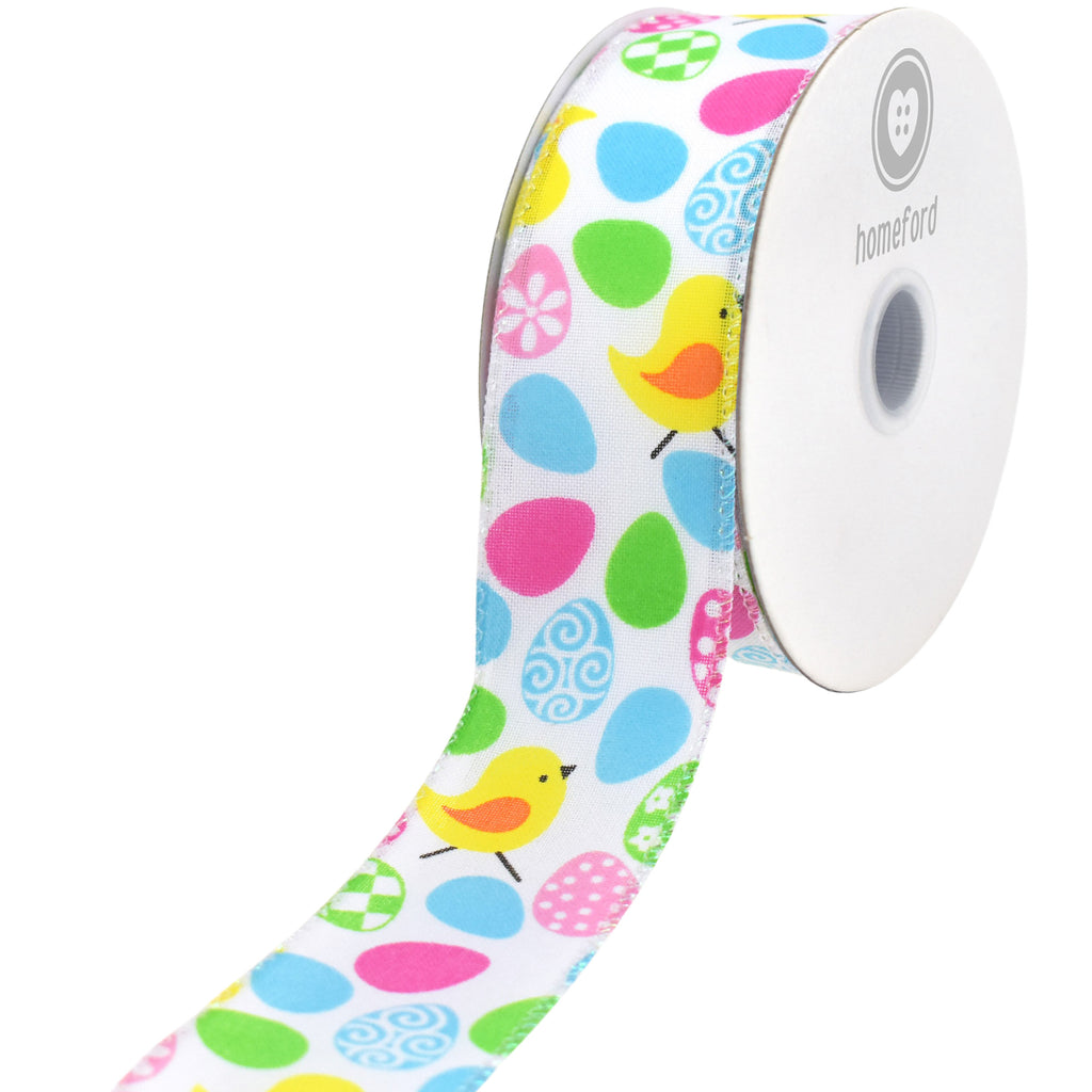 Easter Egg Chicks Faux Linen Wired Ribbon, 1-1/2-inch