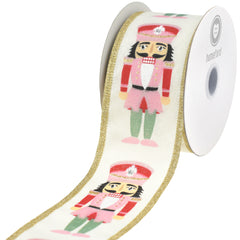 Christmas Cutesy Nutcracker Faux Linen Wired Ribbon, 10-yard