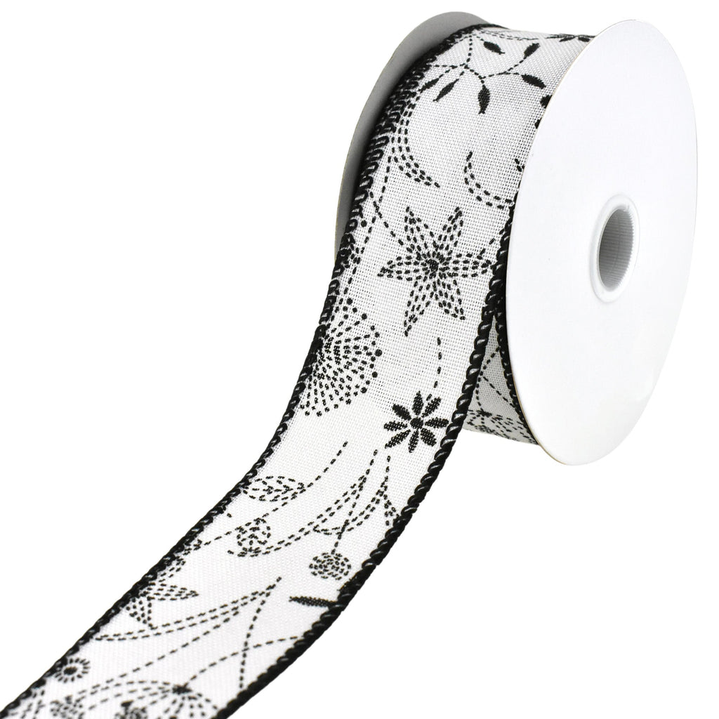 Doodle Flowers Faux Linen Wired Ribbon, 10-yard