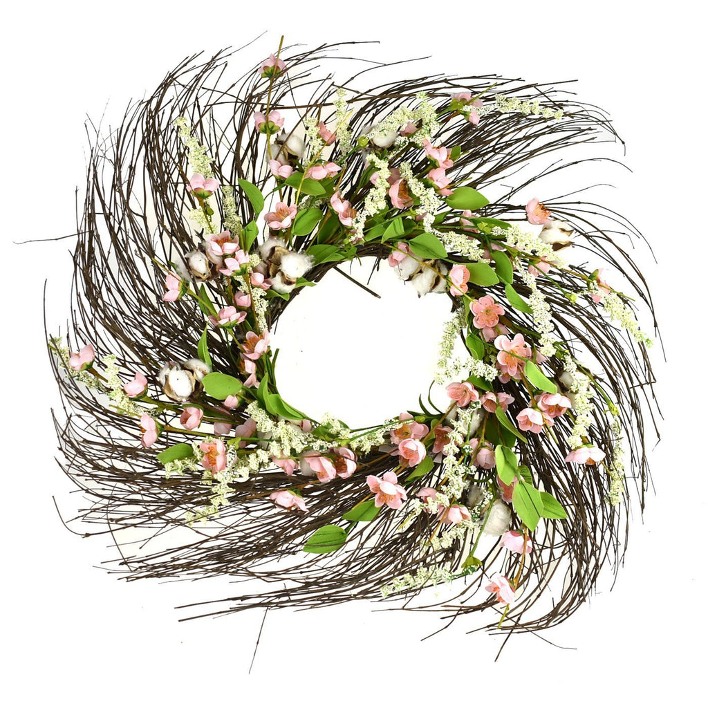 Wrapped Twig Cotton Blossom Wreath, Pink, 22-Inch