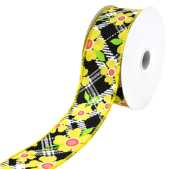 Diagonal Plaid and Flowers Wired Ribbon, 10-yard