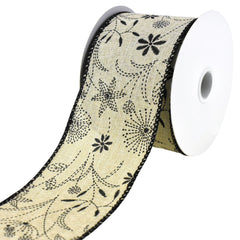 Doodle Flowers Faux Linen Wired Ribbon, 10-yard