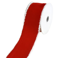 Christmas Bright Red Velvet Snowy Wired Edge Ribbon, 10-yard