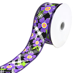 Diagonal Plaid and Flowers Wired Ribbon, 10-yard