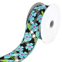 Diagonal Plaid and Flowers Wired Ribbon, 10-yard