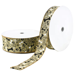 Dog Lovers Bones and Paws Faux Linen Wired Ribbon, 50-yard