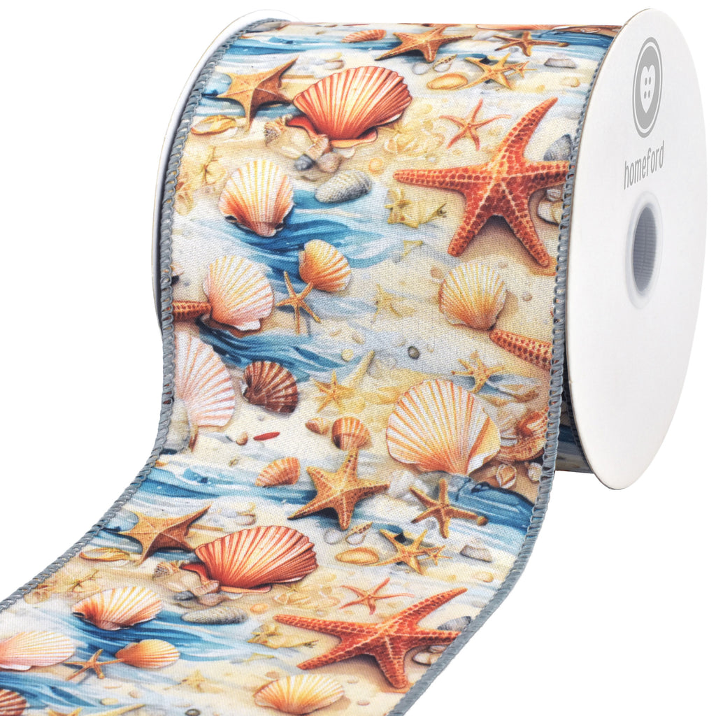 Summer Starfish Seashells Tidepool Deluxe Wired Ribbon, 10-yard