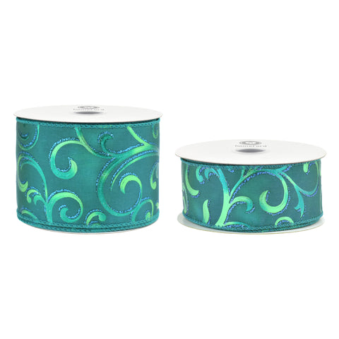 Christmas Satin Peacock Swirls Wired Ribbon, 10-yard