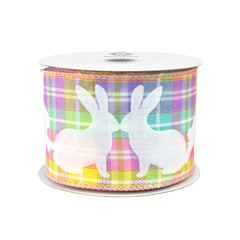 Easter Pastel Plaid Flocked Bunnies Wired Ribbon, 10-yard