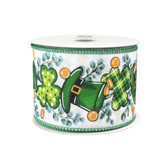 St. Patrick's Leprechaun Hats Coins Foliage Wired Ribbon, 10-yard
