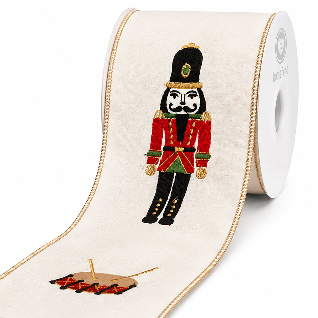 Nutcracker Embroidered Wired Edge Ribbon, 4-inch, 5-yard