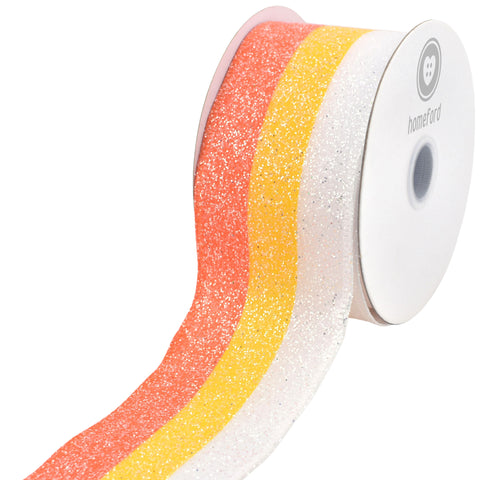 Halloween Glittered Candy Corn Stripes Wired Ribbon, 10-yard