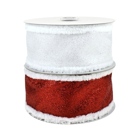 Christmas Glittered Satin Snowball Edge Wired Ribbon, 2-1/2-inch, 10-yard