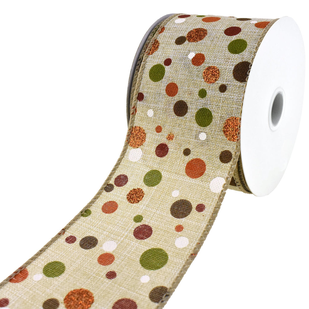 Dots Faux Linen Wired Autumn Fall Ribbon, 2-1/2-inch, 10-yard