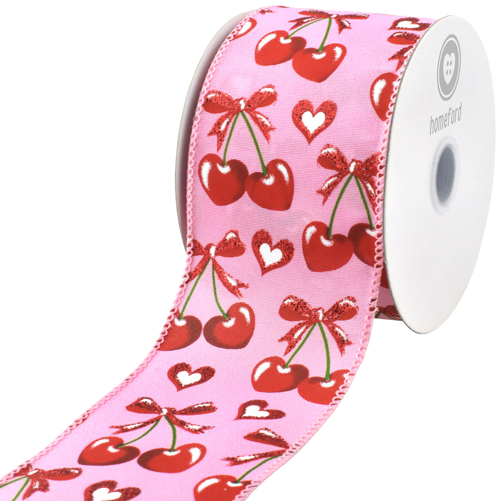 Valentine's Heart Shaped Cherries Wired Ribbon, 10-yard
