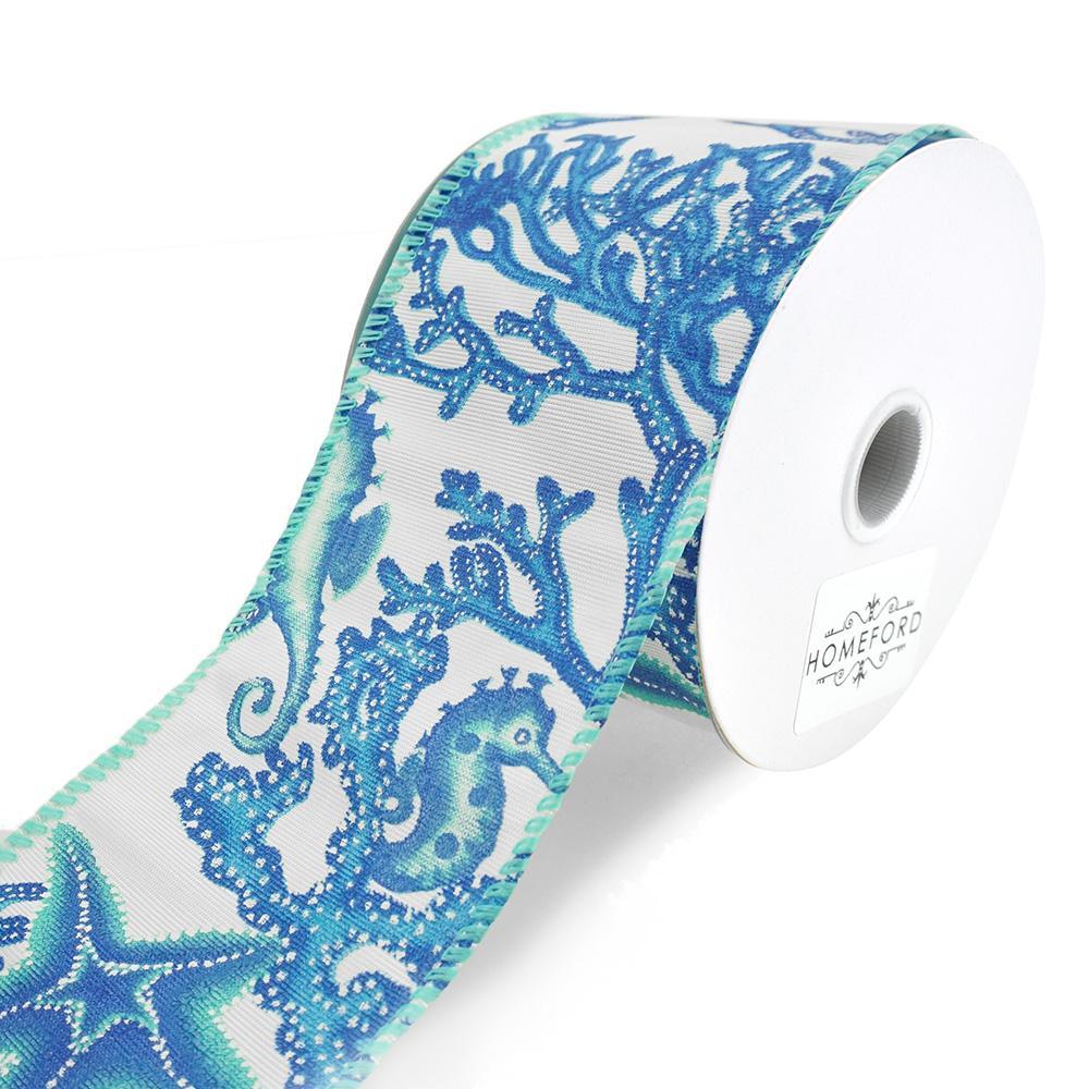 Seahorse, Starfish, and Coral Wired Ribbon, 2-1/2-Inch, 10-Yard