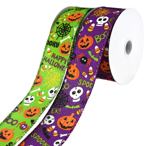 Halloween Cartoon Pumpkin and Skull Wired Ribbon, 10-yard
