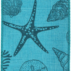 Summer Stamped Beach Icons Faux Linen Wired Ribbon, 2-1/2-inch, 10-yard