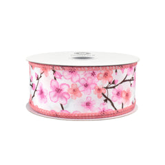 Spring Sakura Cherry Blossom Branch Wired Ribbon, 10-yard