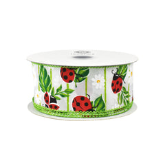 Spring Ladybugs on Leaves Wired Ribbon, 10-yard