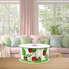 Spring Ladybugs on Leaves Wired Ribbon, 10-yard