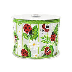 Spring Ladybugs on Leaves Wired Ribbon, 10-yard