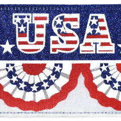 Patriotic Pleated Fan Flags Faux Linen Wired Ribbon, 2-1/2-inch, 10-yard