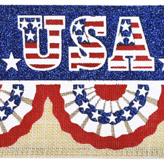 Patriotic Pleated Fan Flags Faux Linen Wired Ribbon, 2-1/2-inch, 10-yard