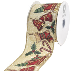Classic Christmas Printed Symbols Wired Ribbon, 10-yard