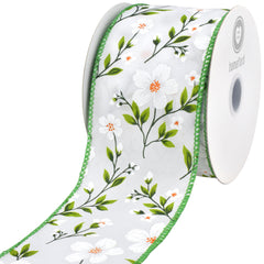 Spring Flax Flowers Wired Ribbon, 2-1/2-inch, White/Green, 10-yard
