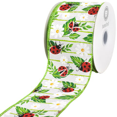 Spring Ladybugs on Leaves Wired Ribbon, 10-yard