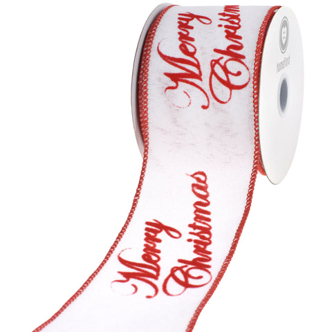 Flocked Merry Christmas Script Faux Linen Wired Ribbon, 2-1/2-inch, 10-yard