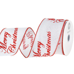 Flocked Merry Christmas Script Faux Linen Wired Ribbon, 2-1/2-inch, 10-yard