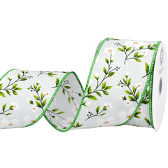 Spring Flax Flowers Wired Ribbon, 2-1/2-inch, White/Green, 10-yard