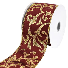 Christmas Glittered Scroll Fashion Wired Ribbon, 2-1/2-inch, 10-yard