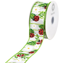 Spring Ladybugs on Leaves Wired Ribbon, 10-yard