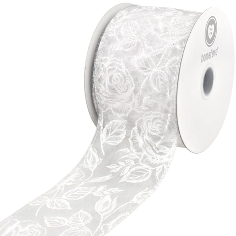 Glittered Roses Sheer Organza Wired Ribbon, 10-yard