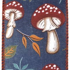Fall Leaves Mushrooms Faux Linen Wired Ribbon, 2-1/2-inch, 10-yard