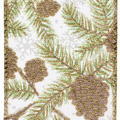 Christmas Glittered Pine Cones Faux Linen Wired Ribbon, 2-1/2-inch, 10-yard