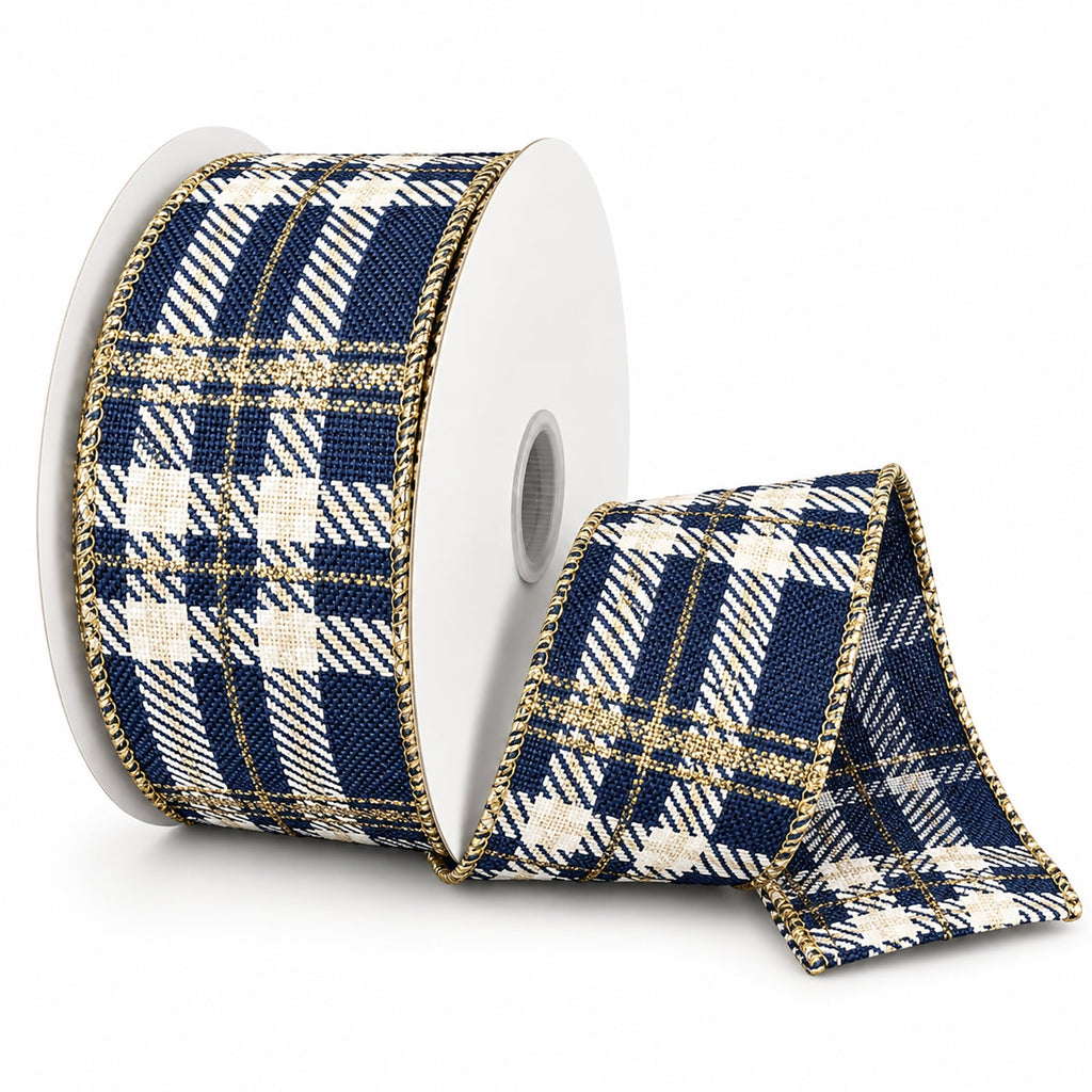 Christmas Glitter Plaid Linen Wired Ribbon, 1-1/2-inch, 10-yard