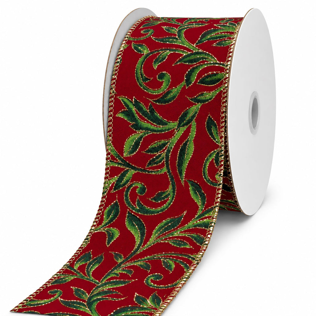 Glitter Vine Swirl Christmas Velvet Wired Ribbon, 10-yard
