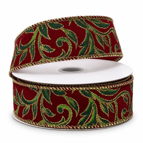 Glitter Vine Swirl Christmas Velvet Wired Ribbon, 10-yard