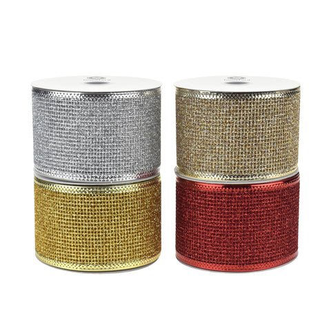 Christmas Glittered Net Metallic Edge Wired Ribbon, 2-1/2-inch, 10-yard