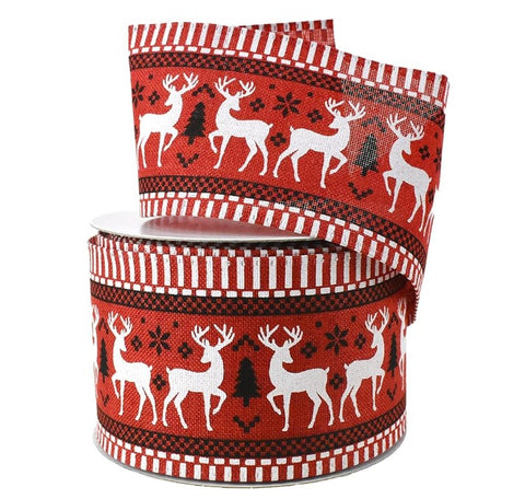 Christmas Sweater Style Deers and Stripes Wired Ribbon, 2-1/2-Inch, 10-Yard