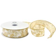 Christmas Pressed Branches Faux Linen Wired Ribbon, 2-1/2-inch, 50-yard